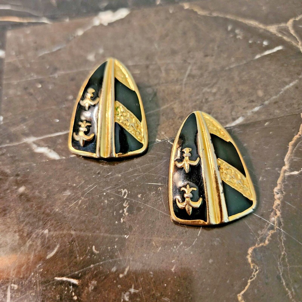 Vintage 1990's Design Black and Gold Shield Clip Earrings